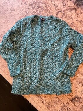 Lands' End Women's Teal Marled Cable Crewneck Sweater (XLP!)